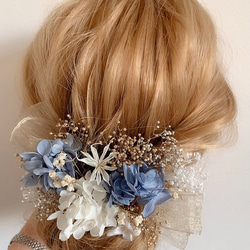 ドライフラワー髪飾り　gold × blue  チュールリボン×かすみ草　ヘッドドレス  結婚式　卒業式　前撮り　成人式 4枚目の画像