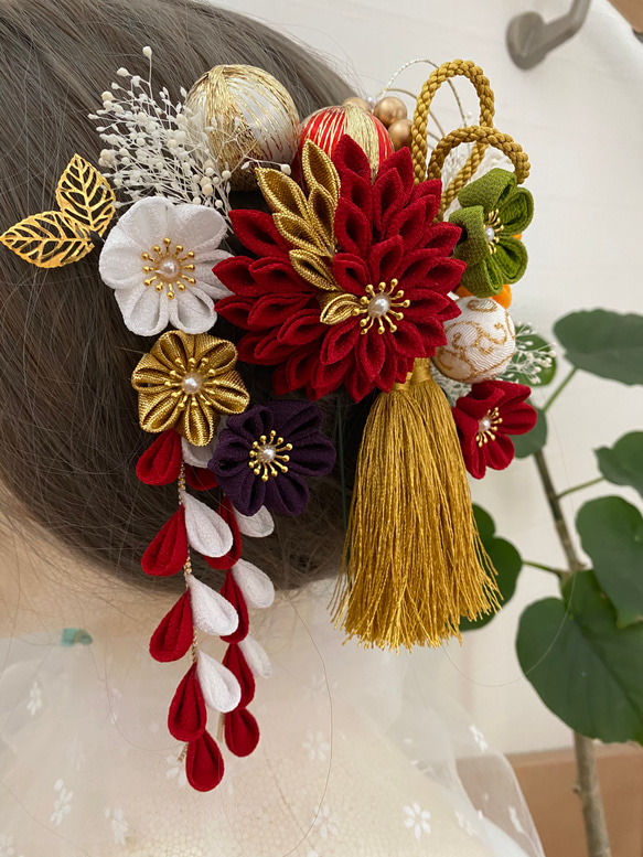 つまみ細工　髪飾り【晴】×赤卒業式　卒業式髪飾り　袴　水引き　成人式用髪飾り　和装　結婚式　ヘアアクセ　色打掛 成人式 4枚目の画像