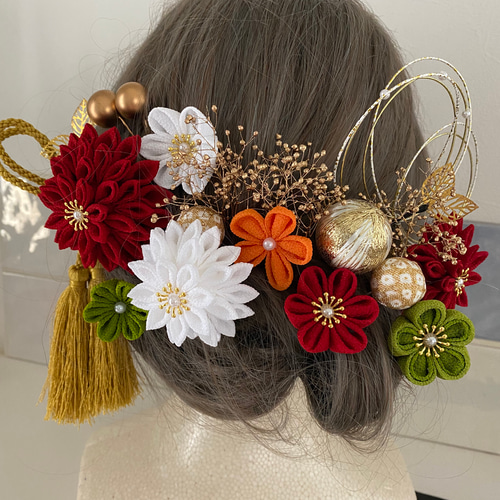 つまみ細工髪飾り【赤、白、オレンジ】卒業式 卒業式髪飾り 袴 水引き