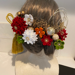 つまみ細工髪飾り【赤、白、オレンジ】卒業式 卒業式髪飾り 袴 水引き