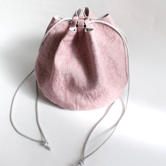 【限定一点】リネン１００％巾着ショルダーバッグ（ピンク） 1枚目の画像