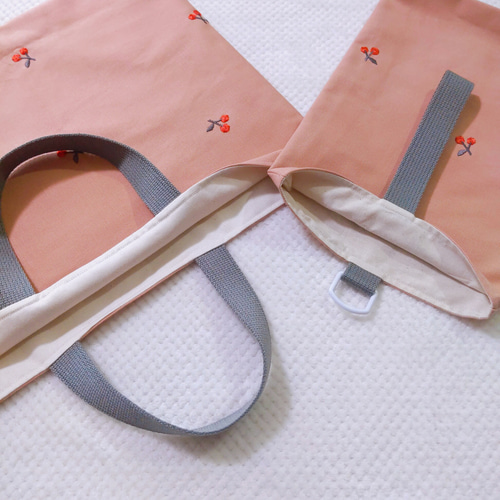 限定価格セール！ 2点セット】 さくらんぼ シューズバッグ レッスンバッグ 刺繍 手提げ・レッスンバッグ・入園グッズ