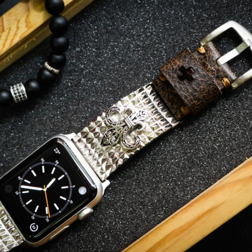 アップルウォッチ用ベルト シルバー925+レザー 完全ハンドメイド 