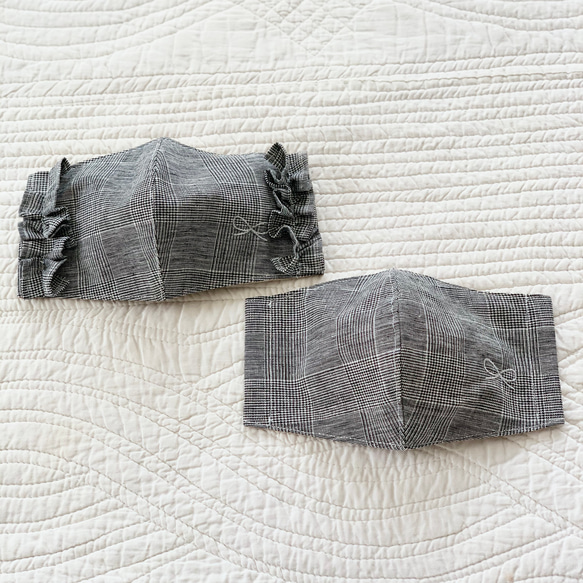 新作　椿オイル配合しっとり保湿マスク　グレンチェック　保湿・紫外線カット・保護　リボン刺繍　フリル 5枚目の画像