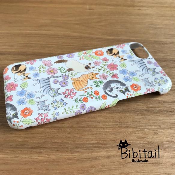 【iPhone全機種対応】【送料無料】猫×ナチュラル花柄 シンプルスマホケース 3枚目の画像