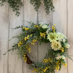 ミモザとガーベラのリース 春リース 玄関 ミモザ 玄関 プレゼント