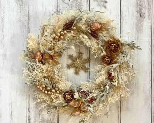 ⭐︎＊まゆフラワーリース＊　玄関リース　クリスマスリース　ホワイト　ゴールド 1_88e8598322c506f1f5c2f74dc9c4