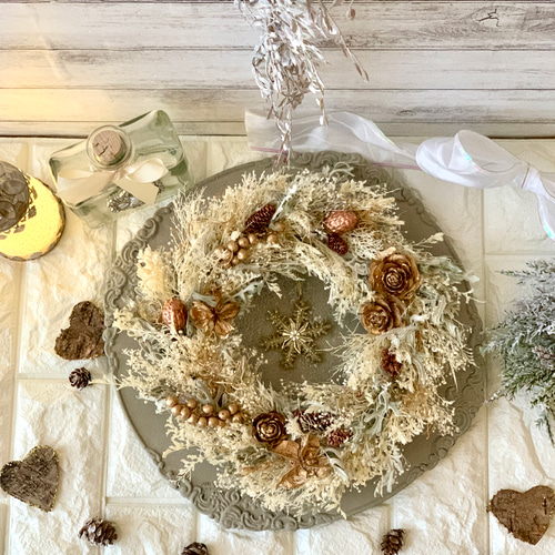 ホワイトゴールドクリスマスリース 玄関 壁飾り インテリア