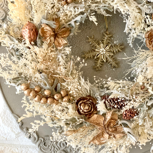 ホワイトゴールドクリスマスリース 玄関 壁飾り インテリア