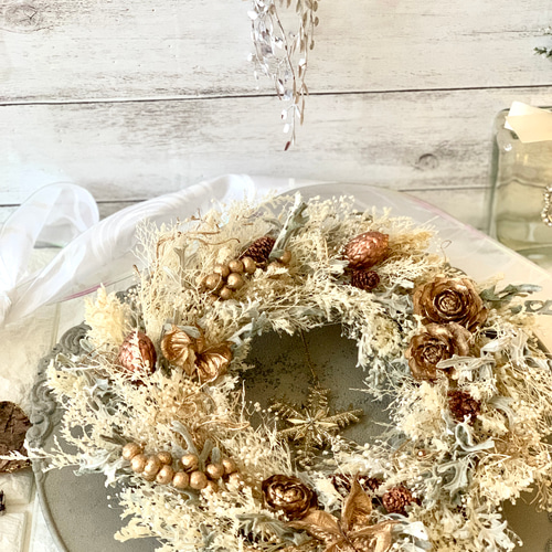 ホワイトゴールドクリスマスリース 玄関 壁飾り インテリア