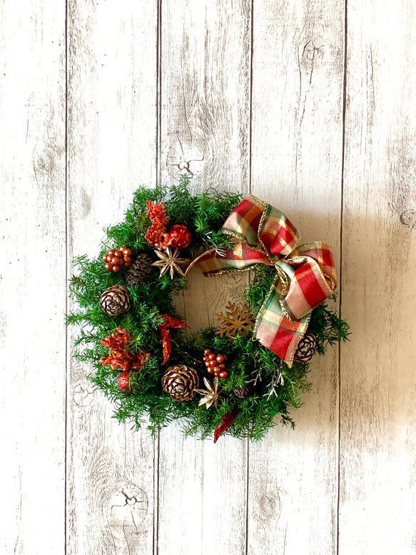 チェックリボンの小さいクリスマスリース クリスマス 玄関