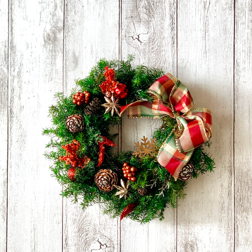 チェックリボンの小さいクリスマスリース クリスマス 玄関 チェックリボンの小さいクリスマスリース クリスマス 玄関
