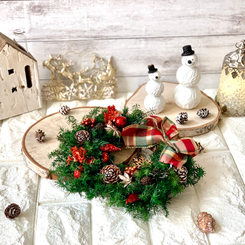 チェックリボンの小さいクリスマスリース クリスマス 玄関 チェックリボンの小さいクリスマスリース クリスマス 玄関