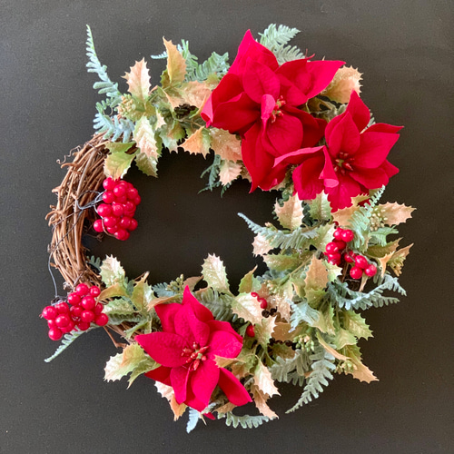 あじさい✨クリスマスリース✨☆№159✨☆ピンクポインセチアクリスマスリー xmas クリスマスリース ポインセチア と キラキラ クリスマス