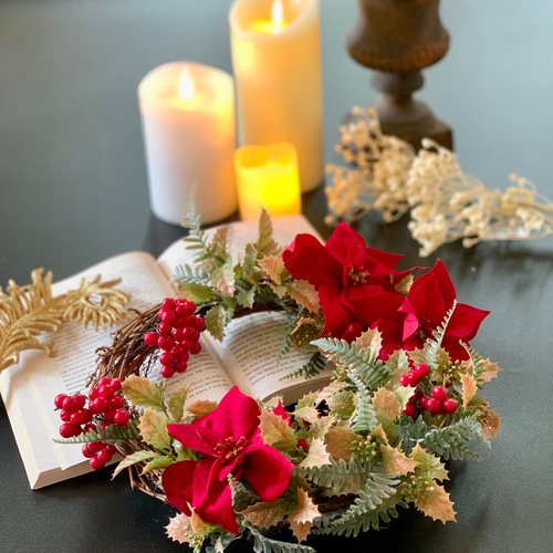 商品名【愛乃】あいみょん❤ポインセチアとローズのクリスマスリース X'mas✴︎ポインセチアと薔薇の大人可愛いクリスマスリース