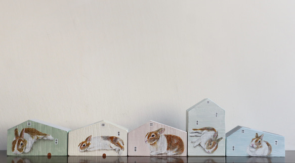 手繪小房子｜家有兔兔｜米白色房子粉綠屋頂｜藍天照映窗戶 第7張的照片