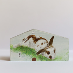 手繪小房子｜家有兔兔｜粉藍房子灰色屋頂｜藍天照映窗戶 第2張的照片