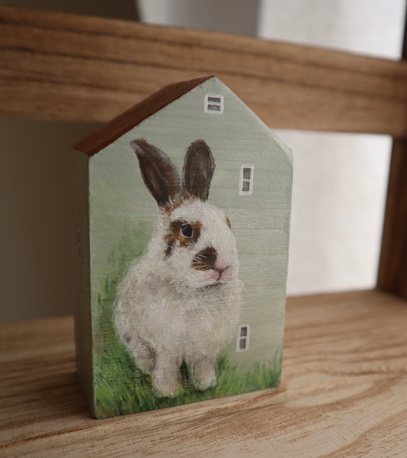 手繪小房子｜家有兔兔｜淡綠房子咖啡色屋頂｜藍天照映窗戶 第1張的照片