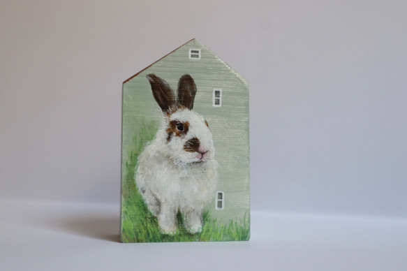 手繪小房子｜家有兔兔｜淡綠房子咖啡色屋頂｜藍天照映窗戶 第2張的照片