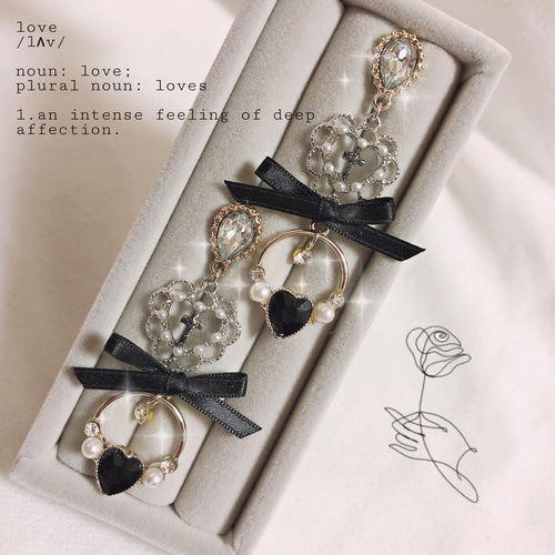 ⌇﻿十字架ハートとリボンの病みかわピアス/イヤリング⌇﻿ ハンドメイド 