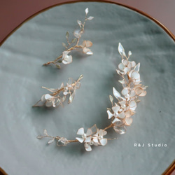 多くの小さな花樹脂花ブライダルヘッドドレスクリスタルフラワーリース3ピースセット 2枚目の画像