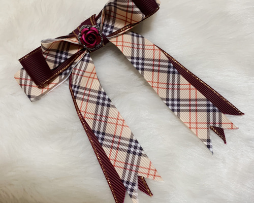 バーバリー チェック柄 ヘアゴム ④ バーバリーチェック柄×ボルドー リボン♡ポニーフック バレッタ