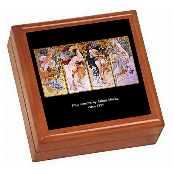 アルフォンス・ミュシャ『 四季 』（黒地）の写真タイル付き小物入れ（Jewelry Box）（ 世界の名画シリーズ ） 1枚目の画像