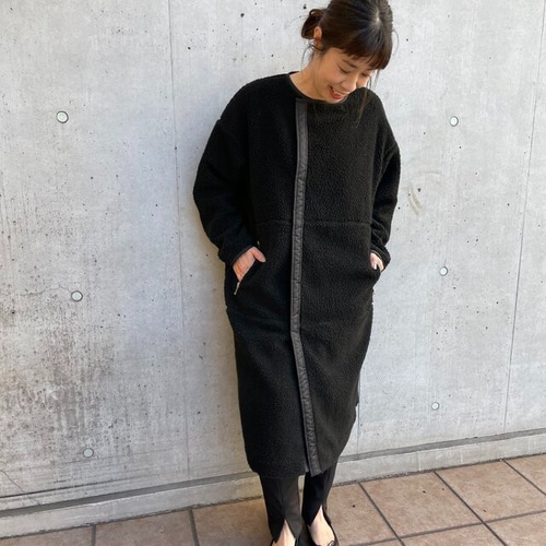 ふわもちノーカラーロング丈ボアコートブラック【FREE:2size展開】KMC