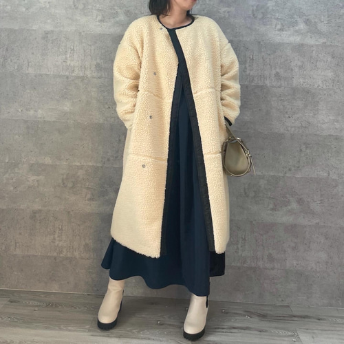 ふわもちノーカラーロング丈ボアコートアイボリー【FREE:2size展開