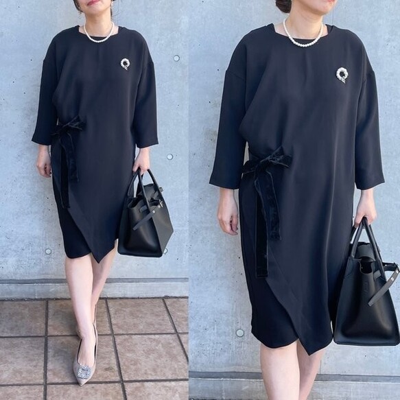 SALE■体形カバー優秀♡すっきり細見えシルエット ひざ下丈サイドリボンワンピース 黒【L】卒業式MC-2 084699
