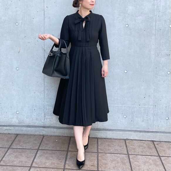 SALE 40%off□ジョーゼット ボウタイプリーツフレアワンピース黒 SALE 40%off□ジョーゼット ボウタイプリーツフレアワンピース黒