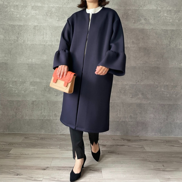 ラスト①【洗える】軽くて暖かい♡普段着～フォーマルまで活躍♡お袖フレアノーカラーコート紺【F】KMC-22 012954 2枚目の画像