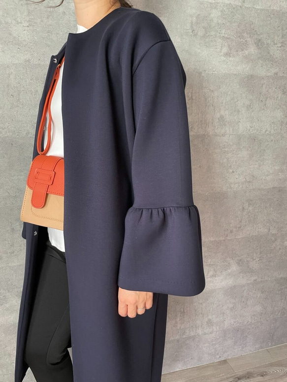 ラスト①【洗える】軽くて暖かい♡普段着～フォーマルまで活躍♡お袖フレアノーカラーコート紺【F】KMC-22 012954 4枚目の画像