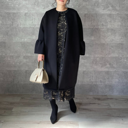 ラスト①【洗える】軽くて暖かい♡普段着～フォーマルまで活躍♡お袖フレアノーカラーコート紺【F】KMC-22 012954 8枚目の画像