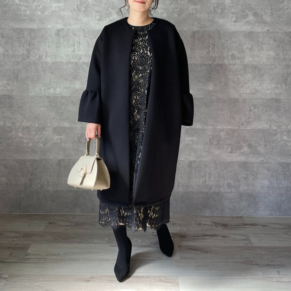 ラスト①【洗える】軽くて暖かい♡普段着～フォーマルまで活躍♡お袖フレアノーカラーコート紺【F】KMC-22 012954 8枚目の画像