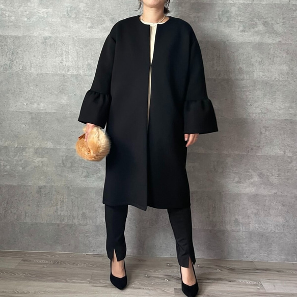 ラスト①【洗える】軽くて暖かい♡普段着～フォーマルまで活躍♡お袖フレアノーカラーコート紺【F】KMC-22 012954 10枚目の画像