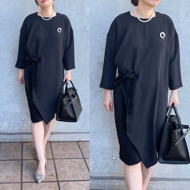 SALE■体形カバーがすごい♡すっきり細見えシルエット ひざ下丈サイドリボンワンピース 黒【M】KMC-2 249725