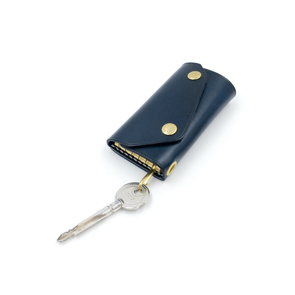 義大利手工植鞣牛皮-黃銅鑰匙包(有卡層)-藍色 Blue 第3張的照片