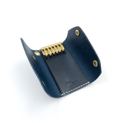 義大利手工植鞣牛皮-黃銅鑰匙包(有卡層)-藍色 Blue 第5張的照片