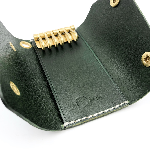 義大利手工植鞣牛皮-黃銅鑰匙包(有卡層)-綠色 Green 第6張的照片