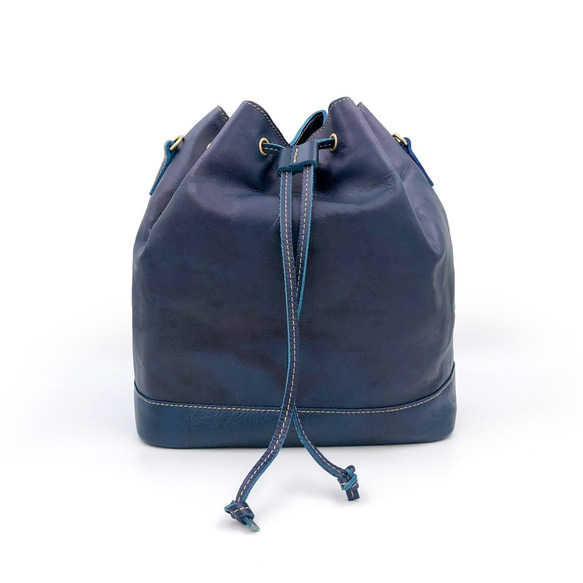 イタリアの手作り野菜日焼け牛革-Mバケットバッグ-ブルー 2枚目の画像