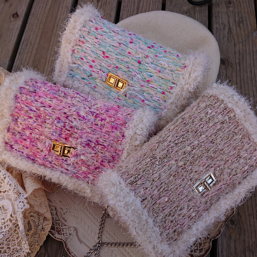 ハンドメイド ♡ 完成品 ツイードポシェット ショルダーバッグ ツイードバッグ ハンドメイド 手編み 引き揃え糸 ショルダーバッグ ツイード