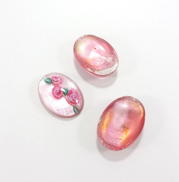 フランス製 花柄入りガラス カボション 25×18㎜ ピンク 2枚目の画像