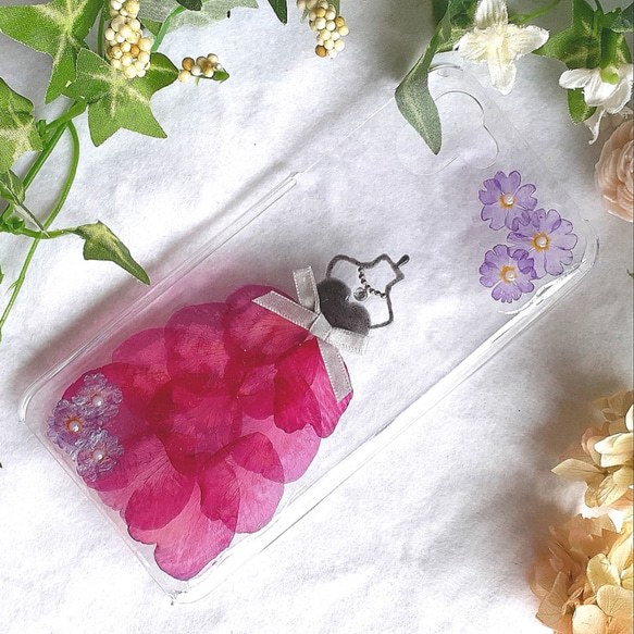 スマホケース　スマホカバー　全機種　iPhone　Android　ドレス　押し花　ドライフラワー　パープル　紫　シック　 2枚目の画像