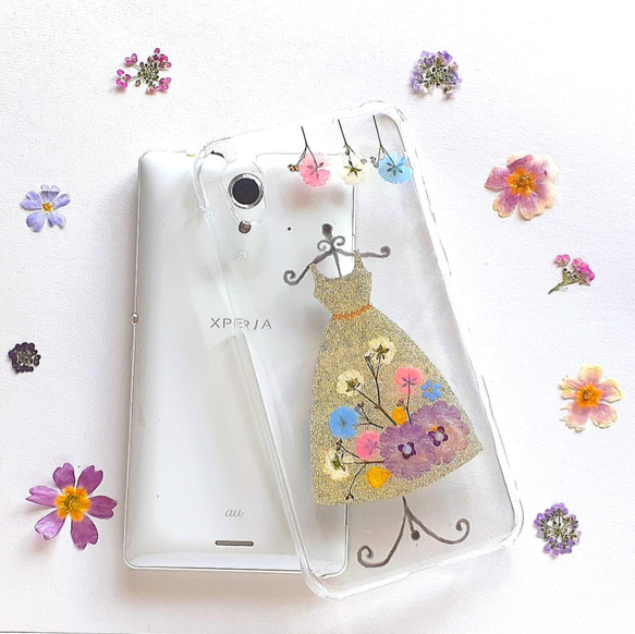 スマホケース　スマホカバー　全機種　iPhone　Android　ドレス　押し花　ドライフラワー　ホワイト 4枚目の画像