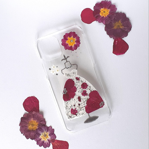 スマホケース　スマホカバー　全機種　iPhone　Android　ドレス　押し花　ドライフラワー　ホワイト 3枚目の画像