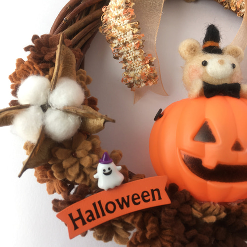 くまちゃんハロウィンリース☆オレンジブラウン☆飾り 羊毛