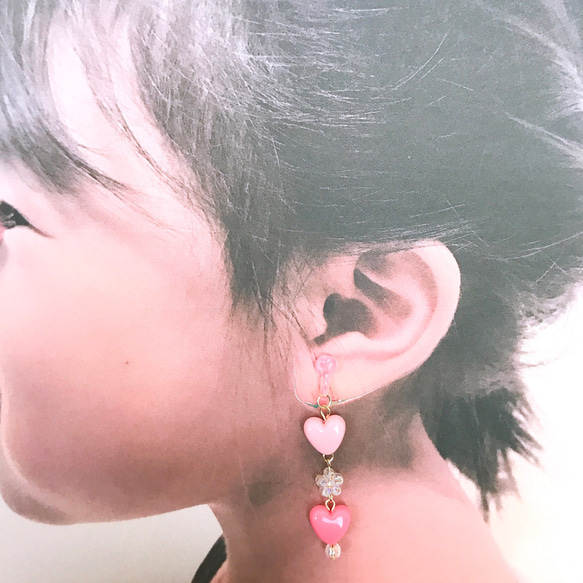 キラキラお花とハートのブレスレット・イヤリング✨ピンク×ピンク(キッズアクセサリー・子供・キッズ) 4枚目の画像