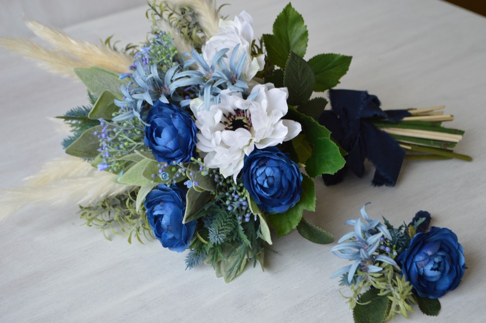 期間限定！ブートニアサービス♡ドライフラワー風ブーケ【ブルー】　手作りキット/完成品　アネモネ