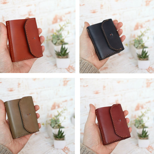 creemaコンパクト財布 ギミック/仕掛けオイレザーミニ財布 【革4色】・12色の刺繍＆糸